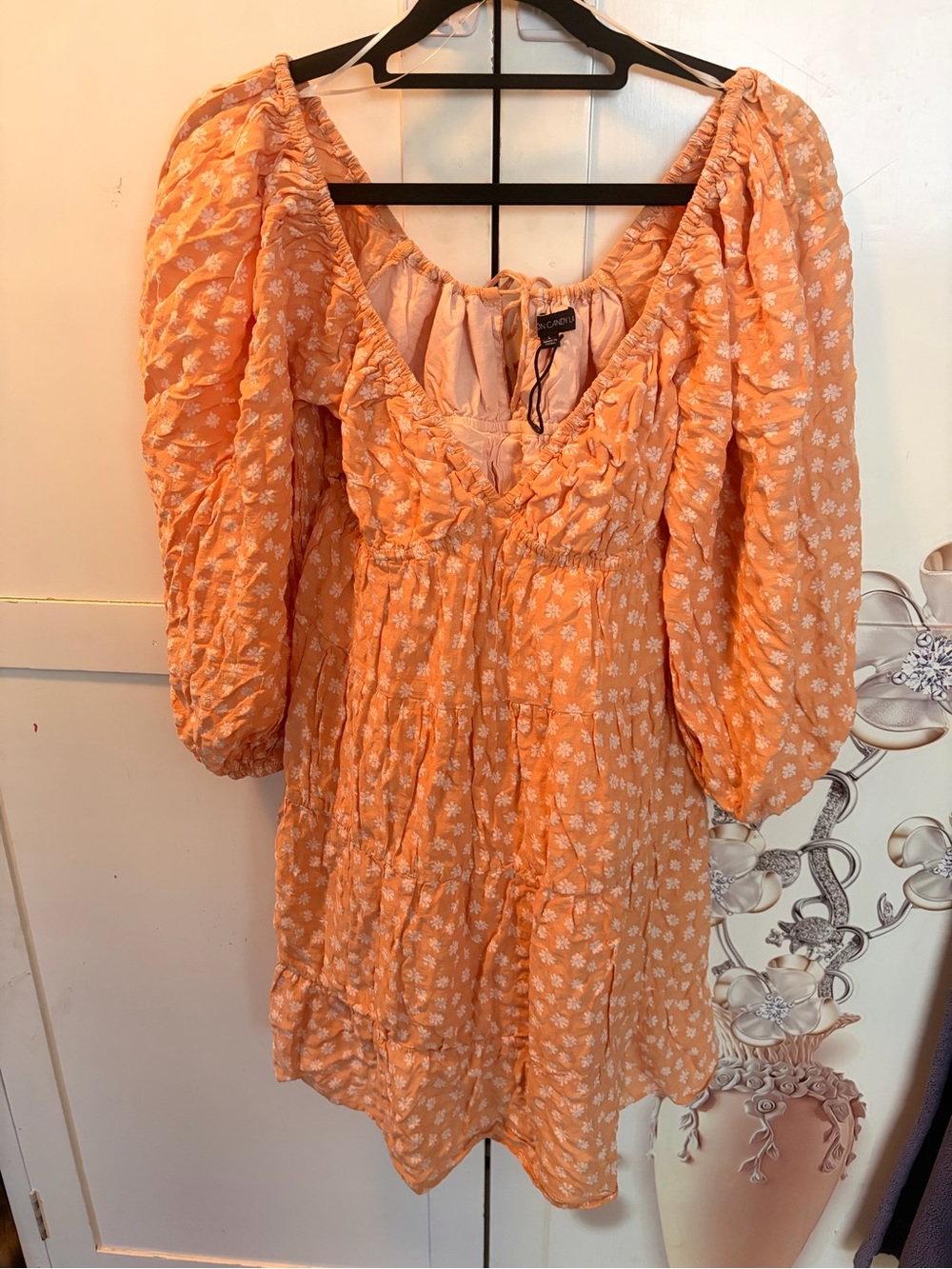 Cotton Candy Peach Floral Puff-Sleeve Mini Dress